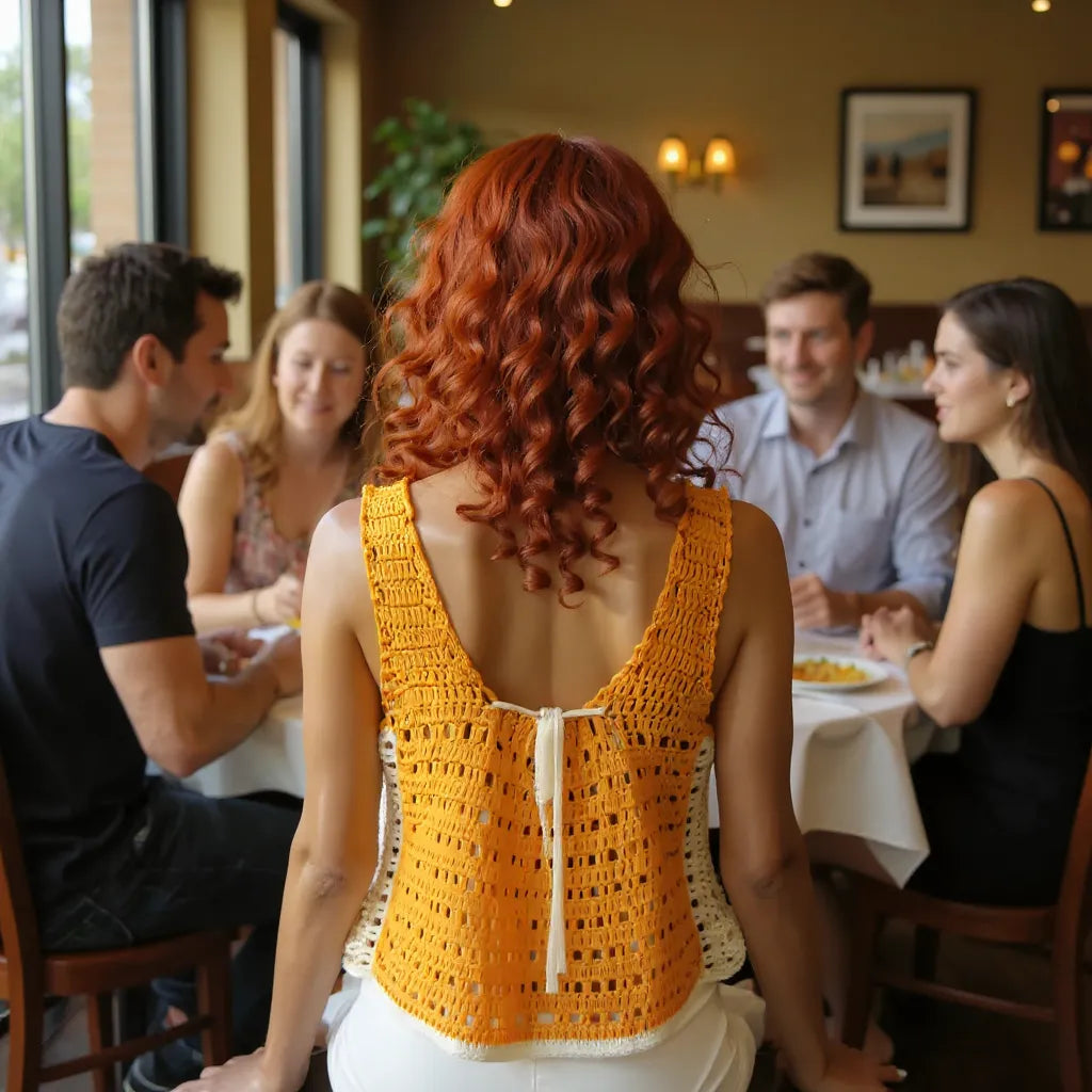 Haut au crochet Squara de Cachalabibi -Vue de dos du haut au crochet Squara jaune porté par une femme dans un restaurant 