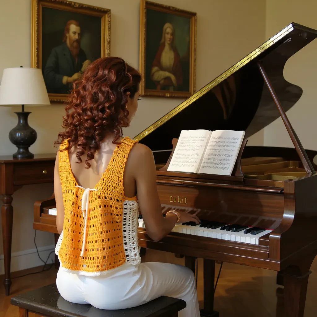 Haut au crochet Squara de Cachalabibi - vue du dos du haut au crochet Squara jaune porté par une femme qui joue du piano