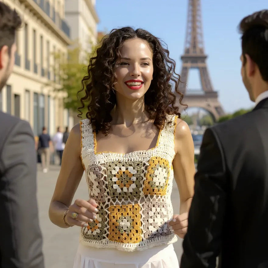 Haut au crochet Squara écru et jaune porté avec la Tour Eiffel en arrière-plan