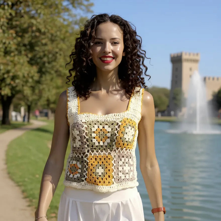 Haut au crochet Squara de Cachalabibi - vue de face d'une jeune femme sur un sentier près d'un étang