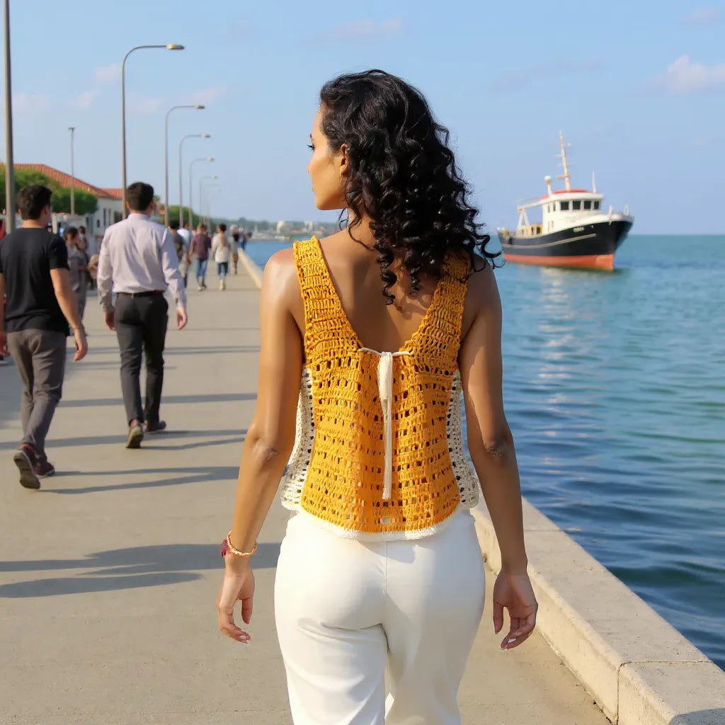 Haut au crochet Squara de Cachalabibi -vue du dos avec la lanière d'une femme au bord de la mer avec bateau
