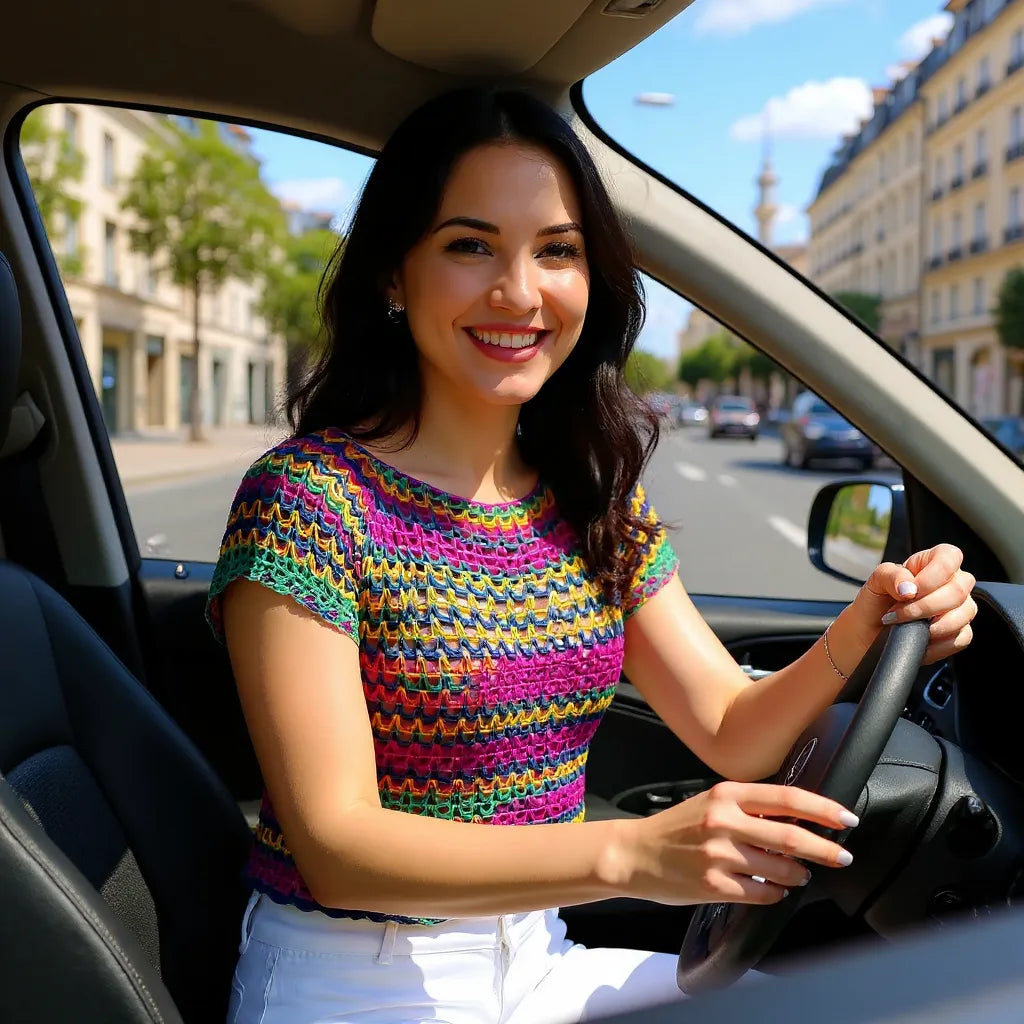 Haut au crochet Tico-Tico de Cachalabibi - vue de face d'une femme dans sa voiture qu'elle conduit