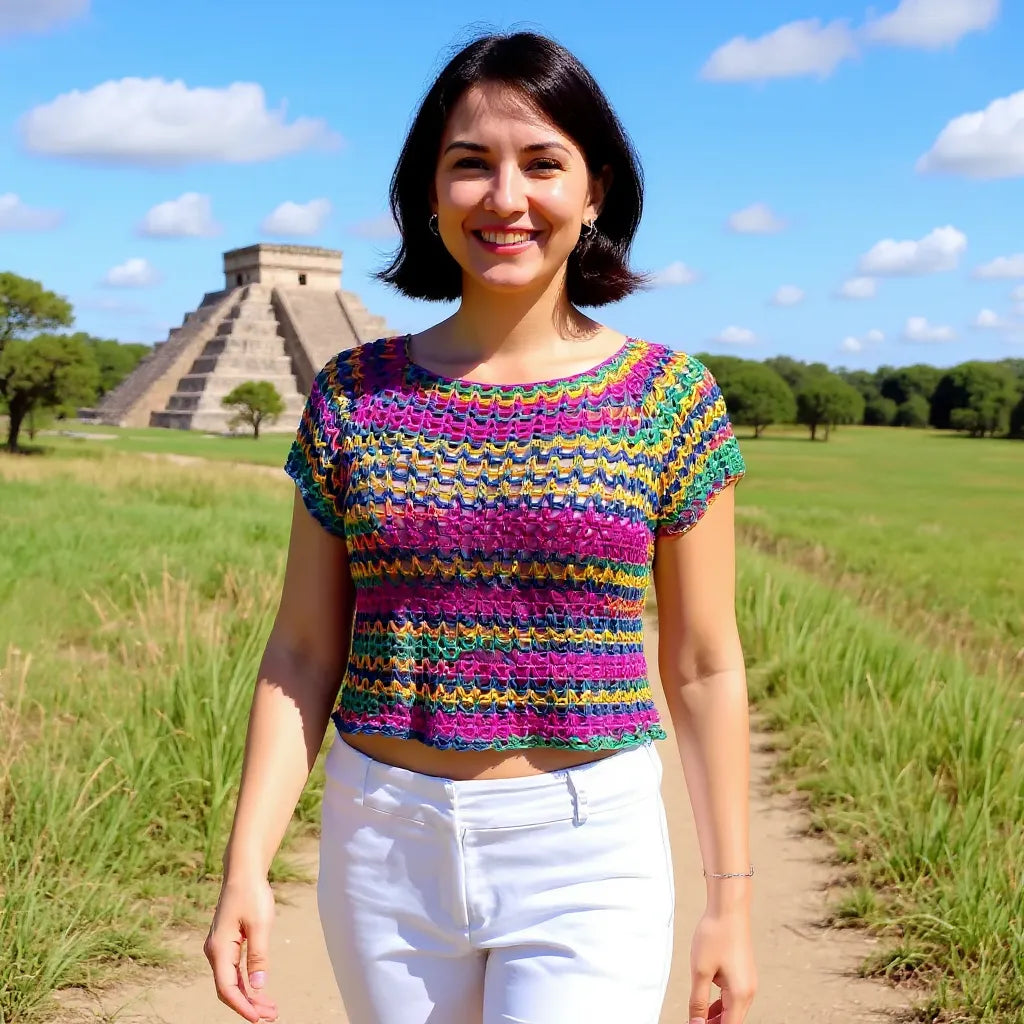Haut au crochet Tico-Tico de Cachalabibi - vue de face d'une jeune femme près d'une pyramide aztèque