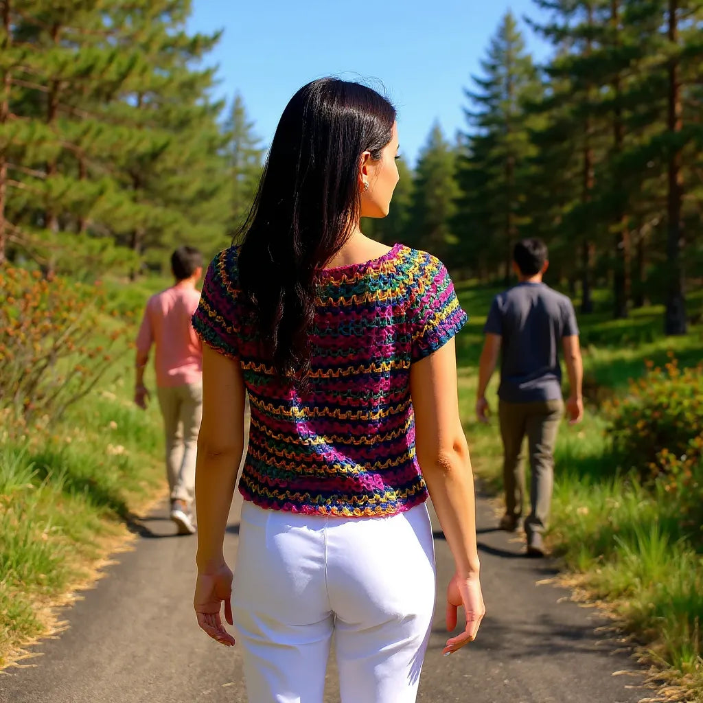 Haut au crochet Tico-Tico de Cachalabibi - Vue de dos d'une femme en promenade sur un sentier dans un parc