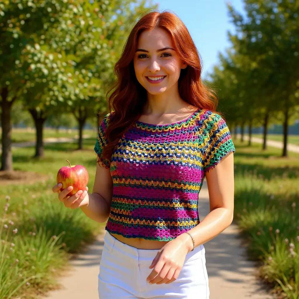 Haut au crochet Tico-Tico de Cachalabibi - vue de face d'une femme dans un verger avec pomme dans la main droite