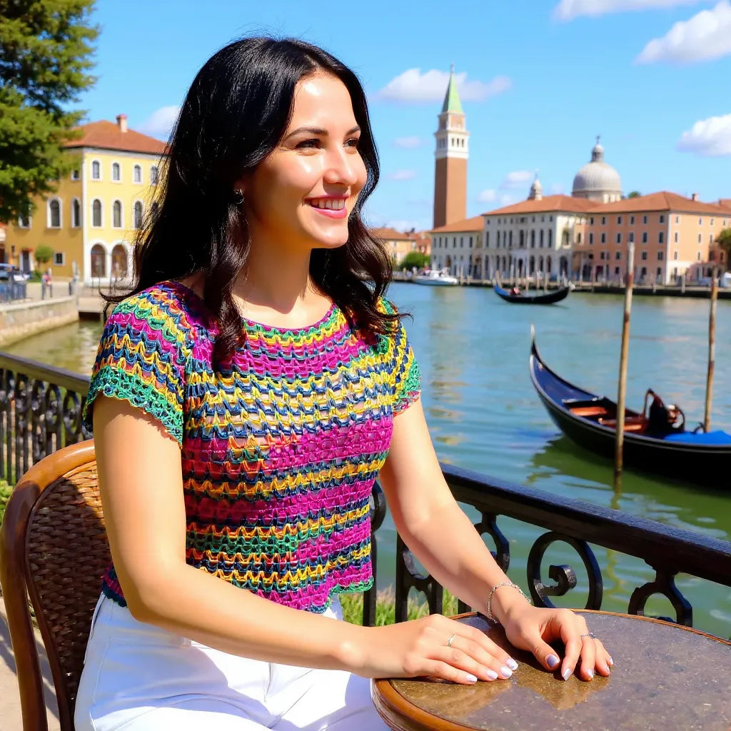 Haut au crochet Tico-Tico de Cachalabibi - porté à Venise par une femme assise à la terrasse d'un café