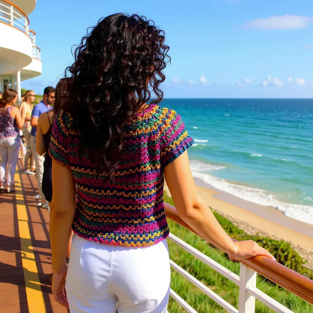 Haut au crochet Tico-Tico de Cachalabibi - vue de dos d'une femme sur une terrasse en bord de mer