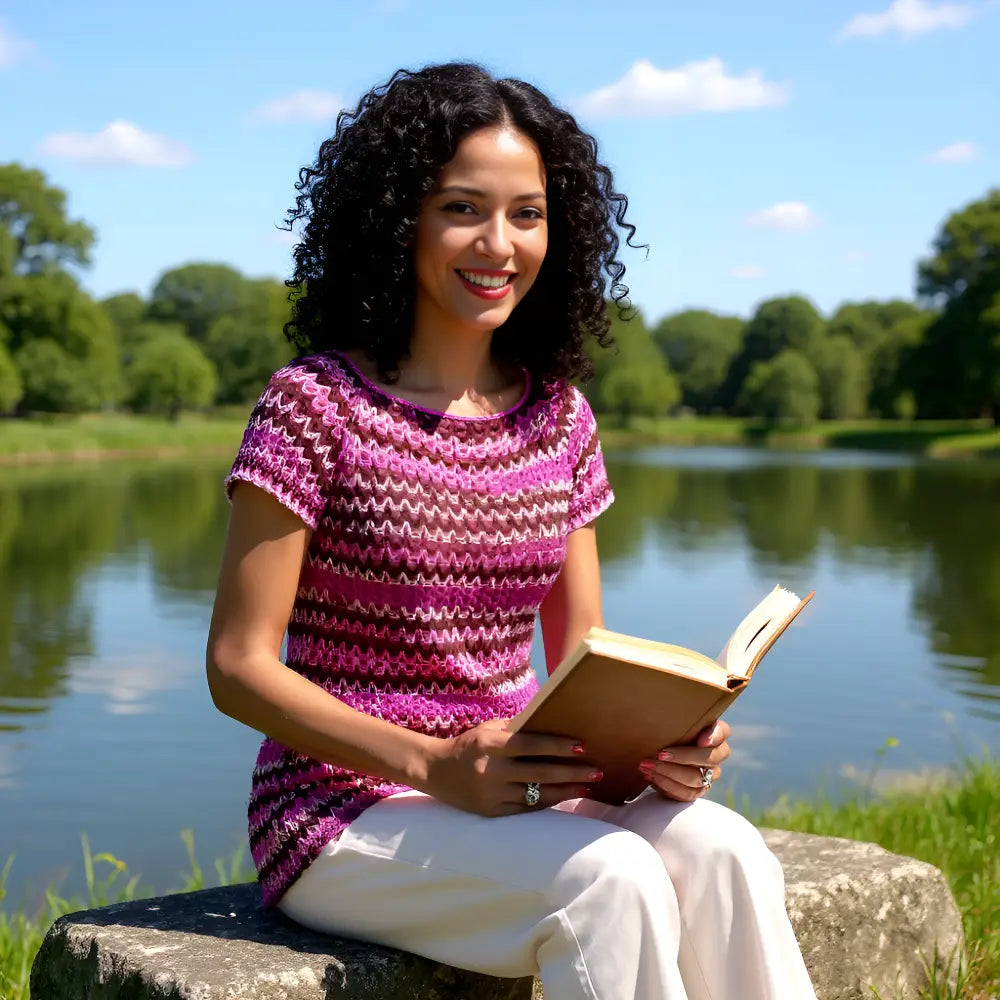Haut au crochet Uncinetto de Cachalabibi - porté par une femme brune au bord d'un lac avec livre en main