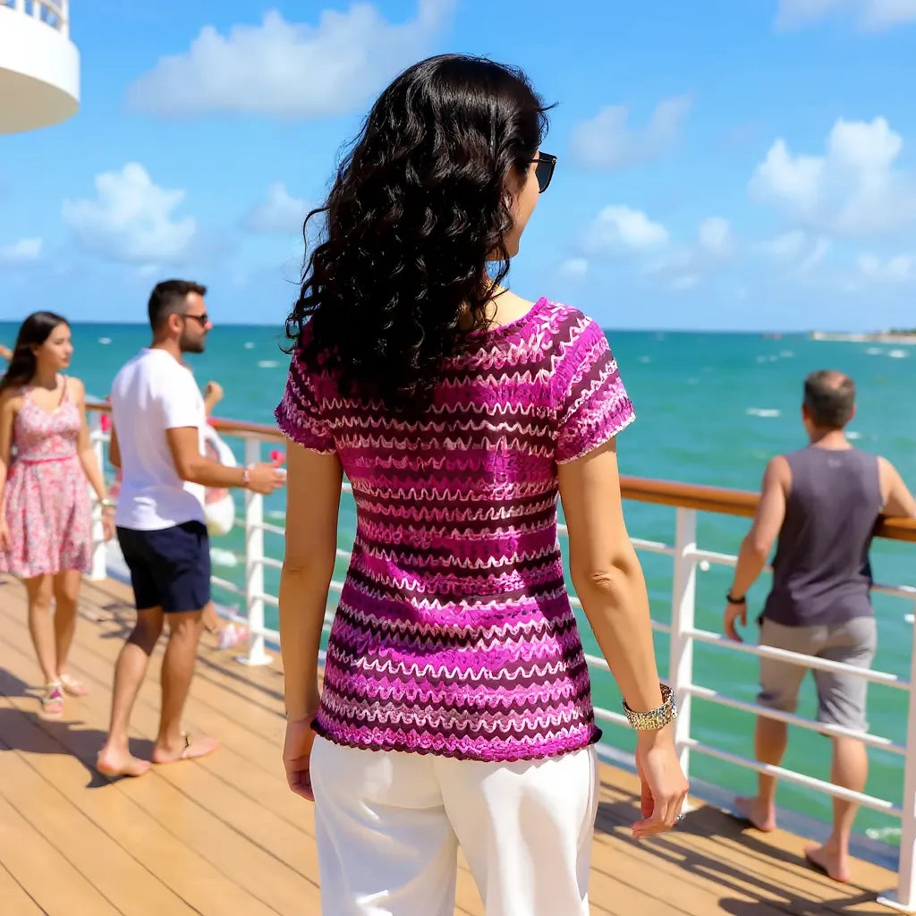 Haut au crochet Uncinetto de Cachalabibi - Vue de dos d'une femme brune sur un pont de bateau de croisière avec la mer en arrière-plan