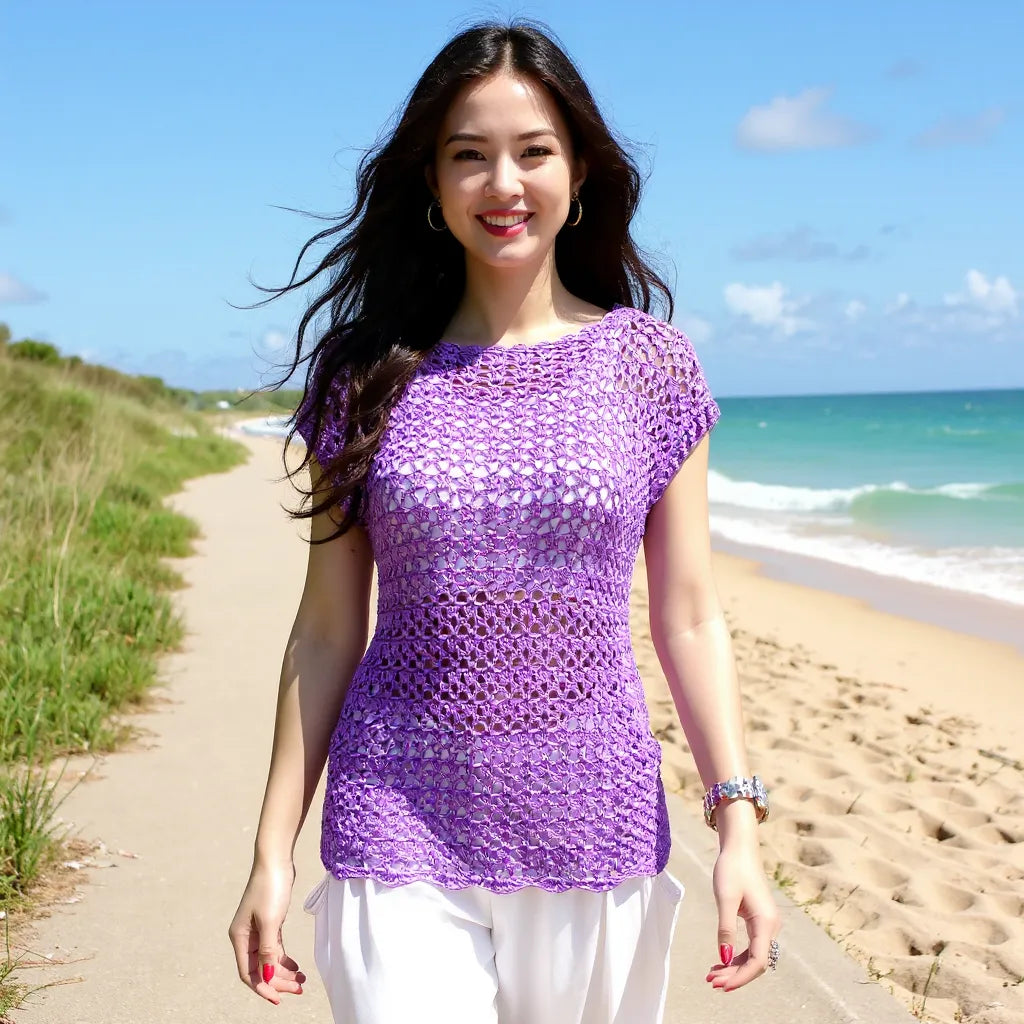 Haut au crochet Violeta de Cachalabibi - vue de face d'une femme en pantalon blanc sur un chemin longeant la mer