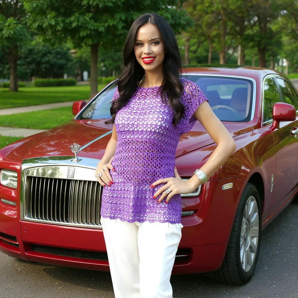Haut au crochet Violeta de Cachalabibi -vue de face d'une jeune femme devant une voiture de prestige rouge