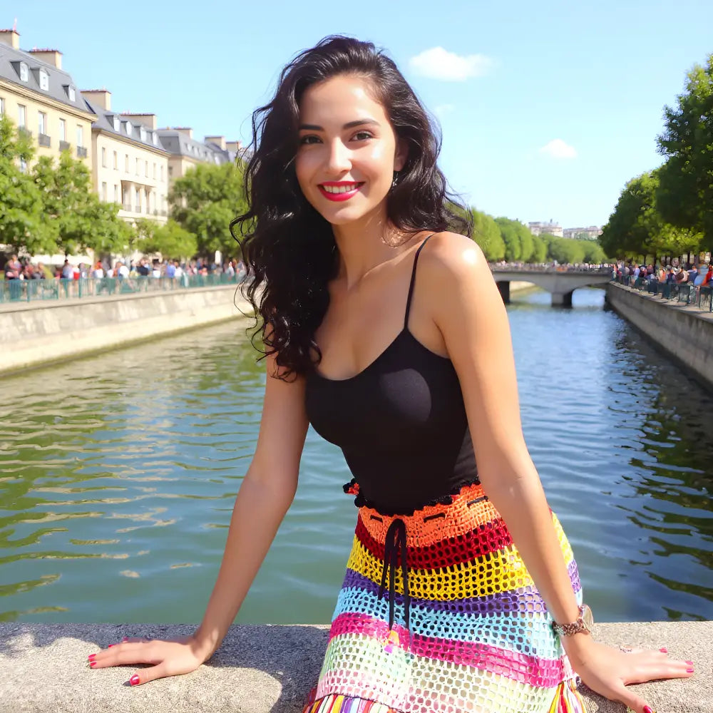 Jupe longue au crochet Arcobaleno arc-en-ciel avec franges portée par une jeune femme assise sur le parapet d'un pont près d'un cours d'eau