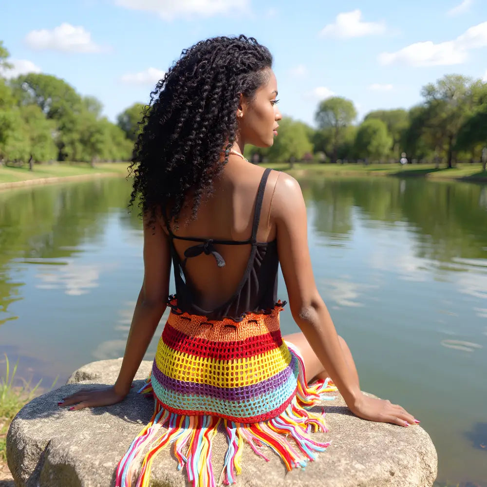 Jupe longue au crochet Arcobaleno arc-en-ciel avec franges portée assise au bord d'un étang