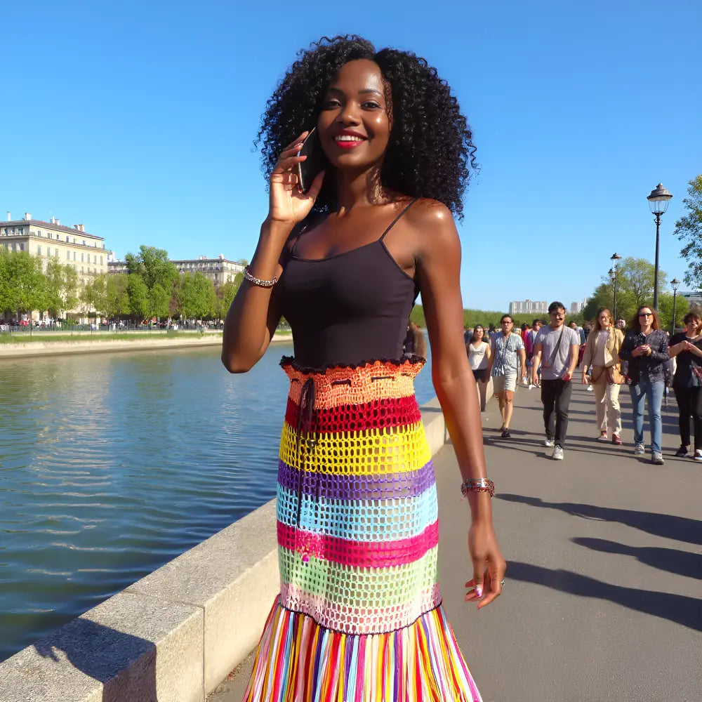 Vue complète de la jupe longue au crochet Arcobaleno arc-en-ciel avec franges portée avec crop top noir