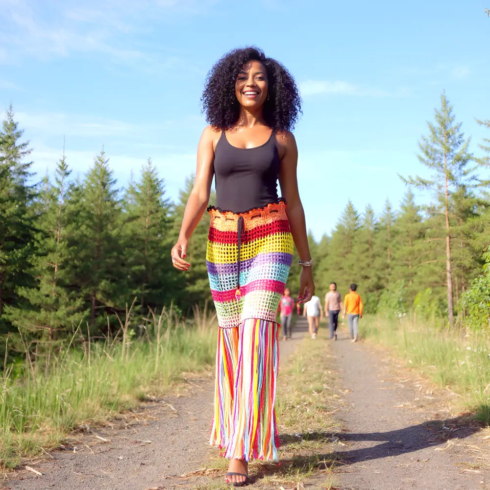 Jupe longue au crochet Arcobaleno arc-en-ciel avec franges portée de dos en promenade en forêt