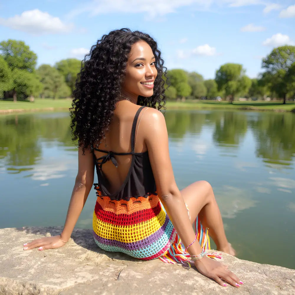 Vue arrière de la jupe longue au crochet Arcobaleno arc-en-ciel avec franges en promenade urbaine au bord de l'eau