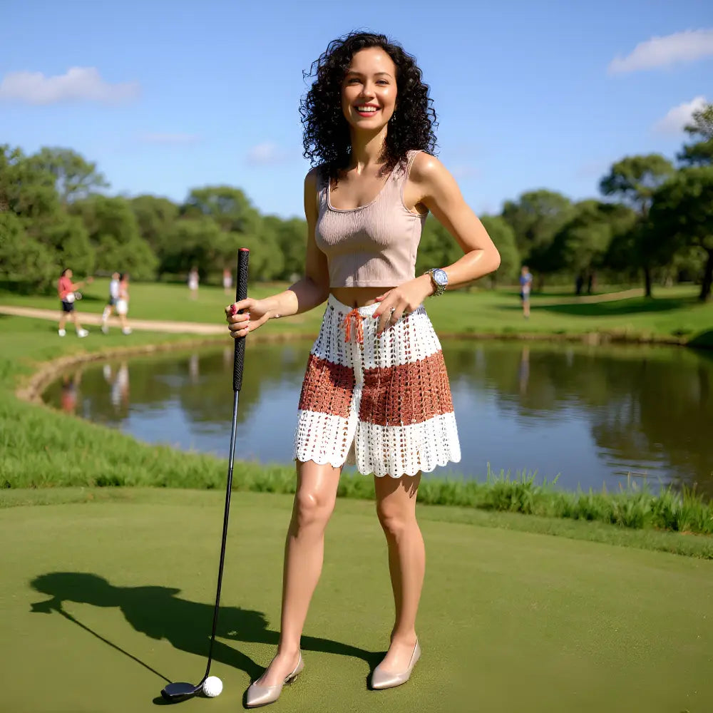 Vue de face d'une jupe au crochet Cappuccina écru et caramel portéesur un terrain de golf