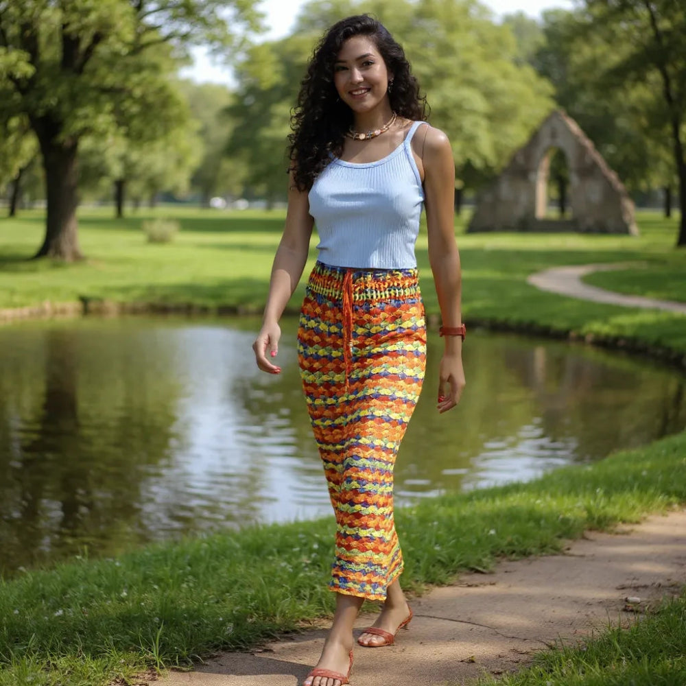 Jupe longue au crochet Gitana multicolore portée près d'un étang par une jeune femme
