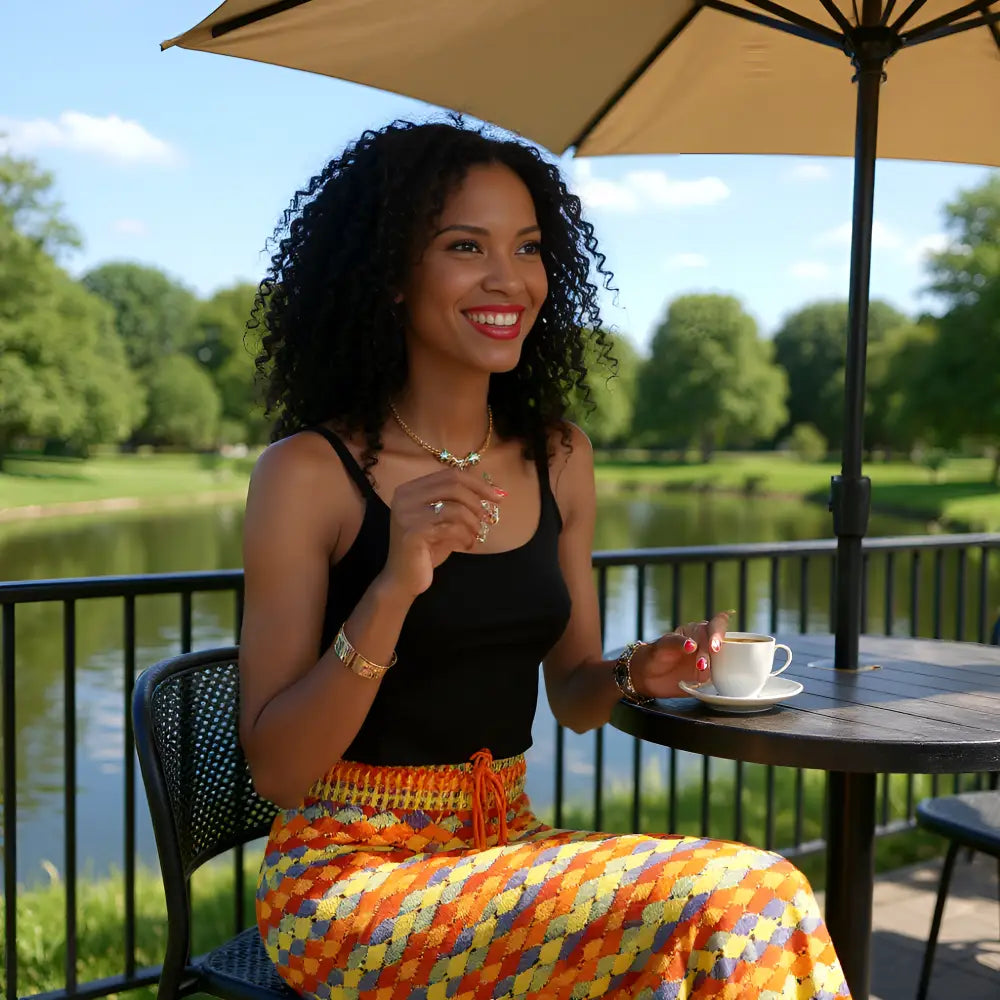Vue de face de la jupe longue au crochet Gitana multicolore d'une femme assise à une terrasse près d'un étang