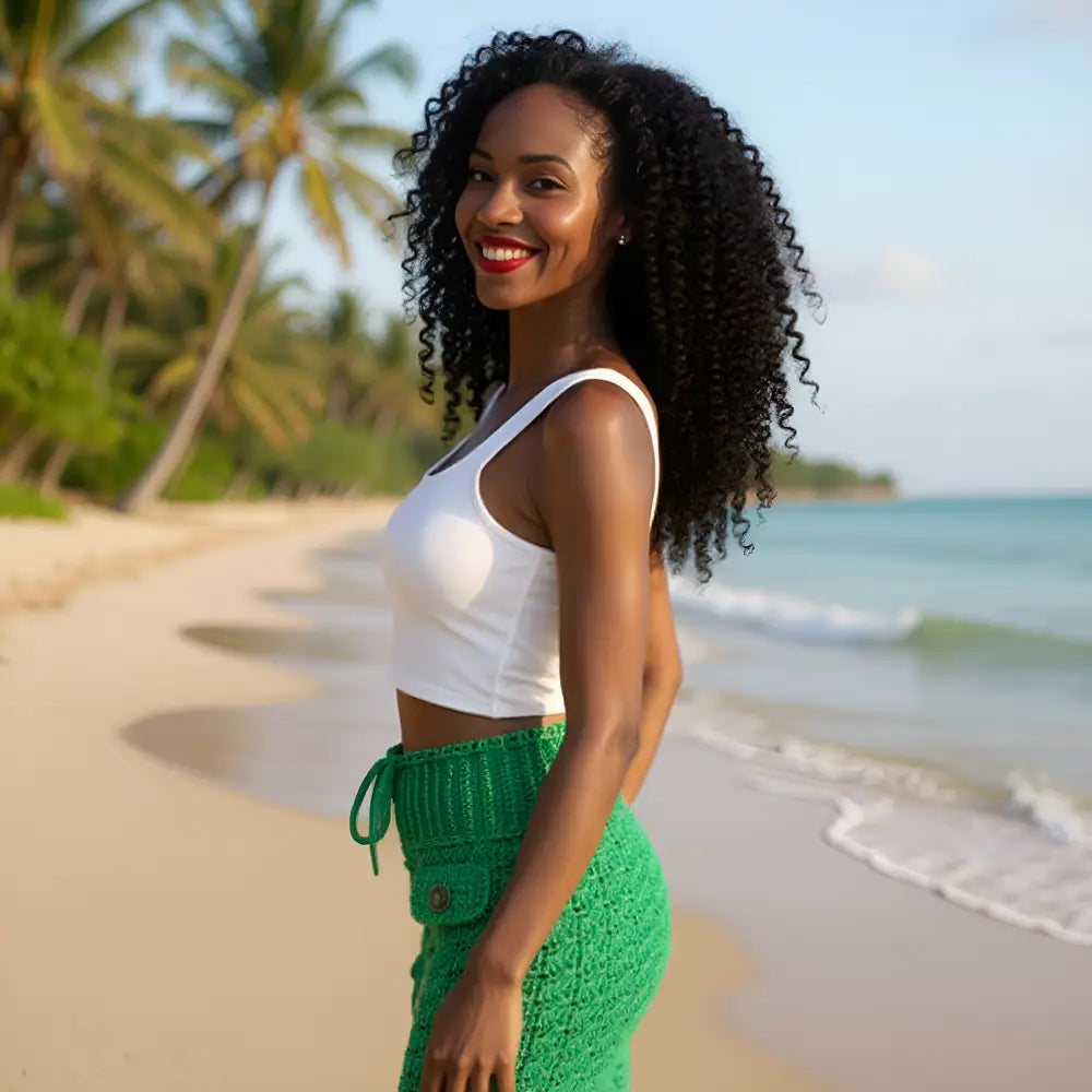 Vue de profil de la jupe au crochet Laquenette vert vif sur une plage paradisiaque