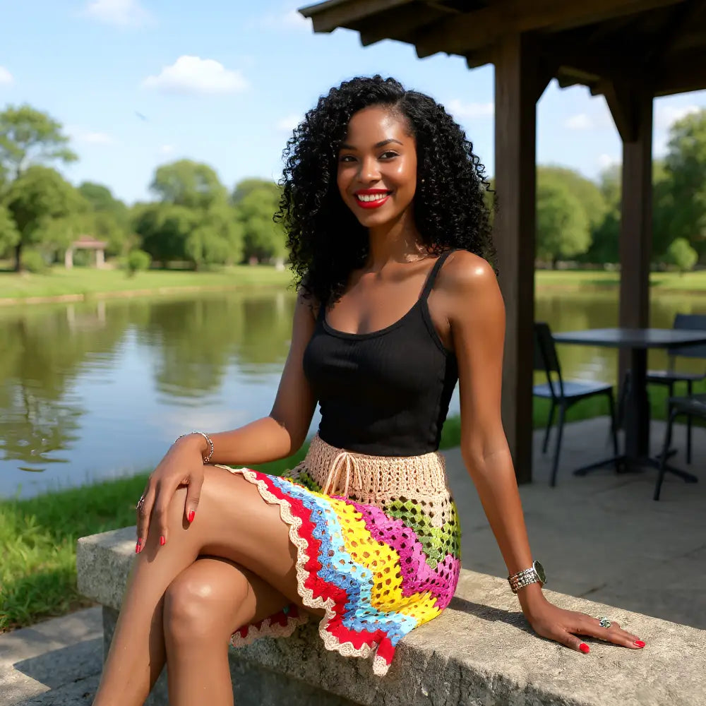 Jupe au crochet Ondenova multicolore portée assise au bord d'un lac avec pavillon