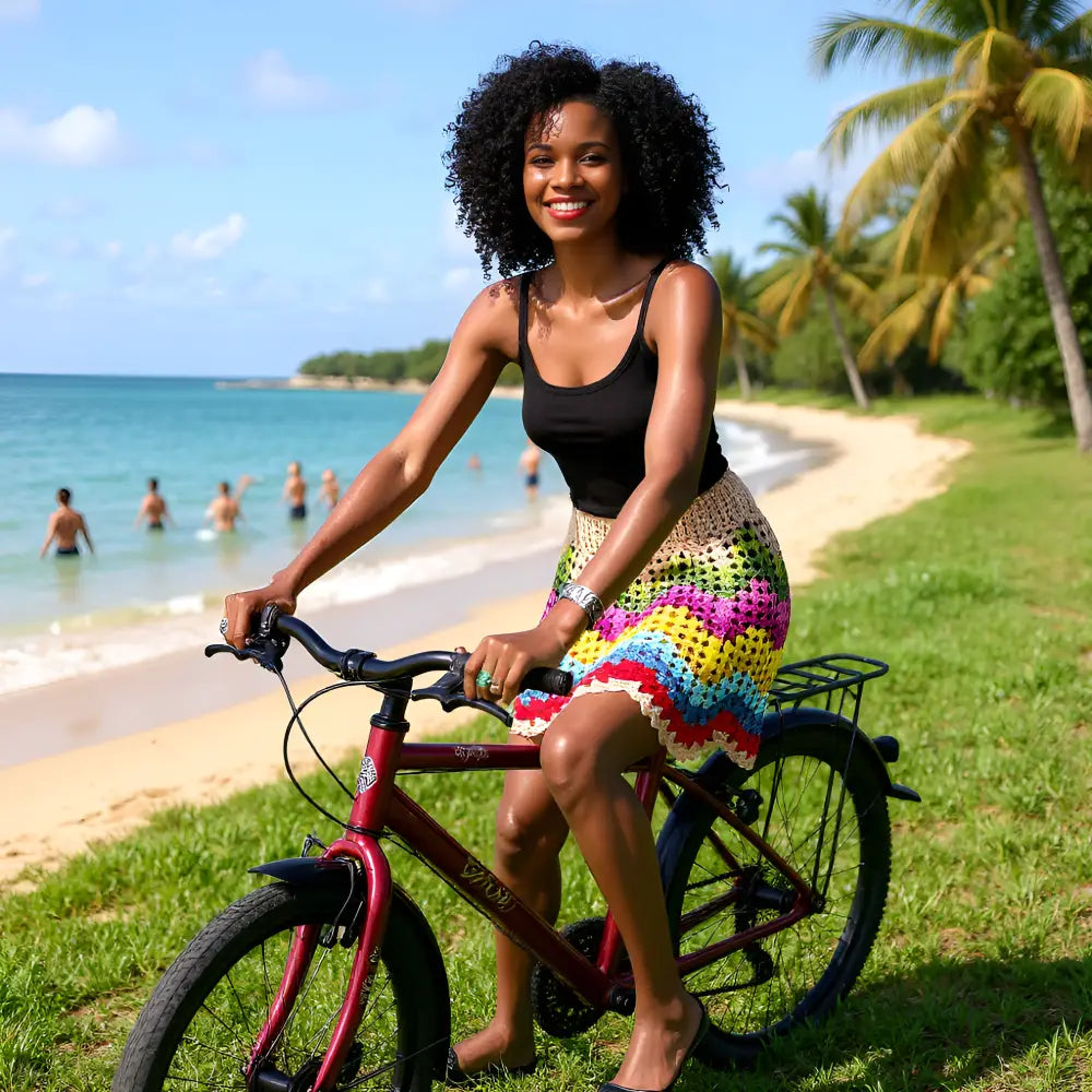 Jupe au crochet Ondenova multicolore portée en bord de mer sur un vélo