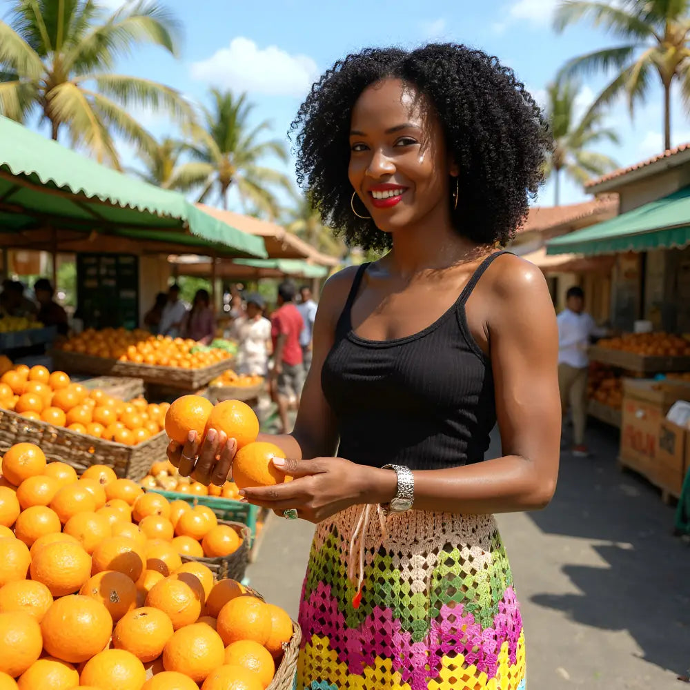 Jupe au crochet Ondenova multicolore bandes horizontales portée à un marché de fruits tropicaux