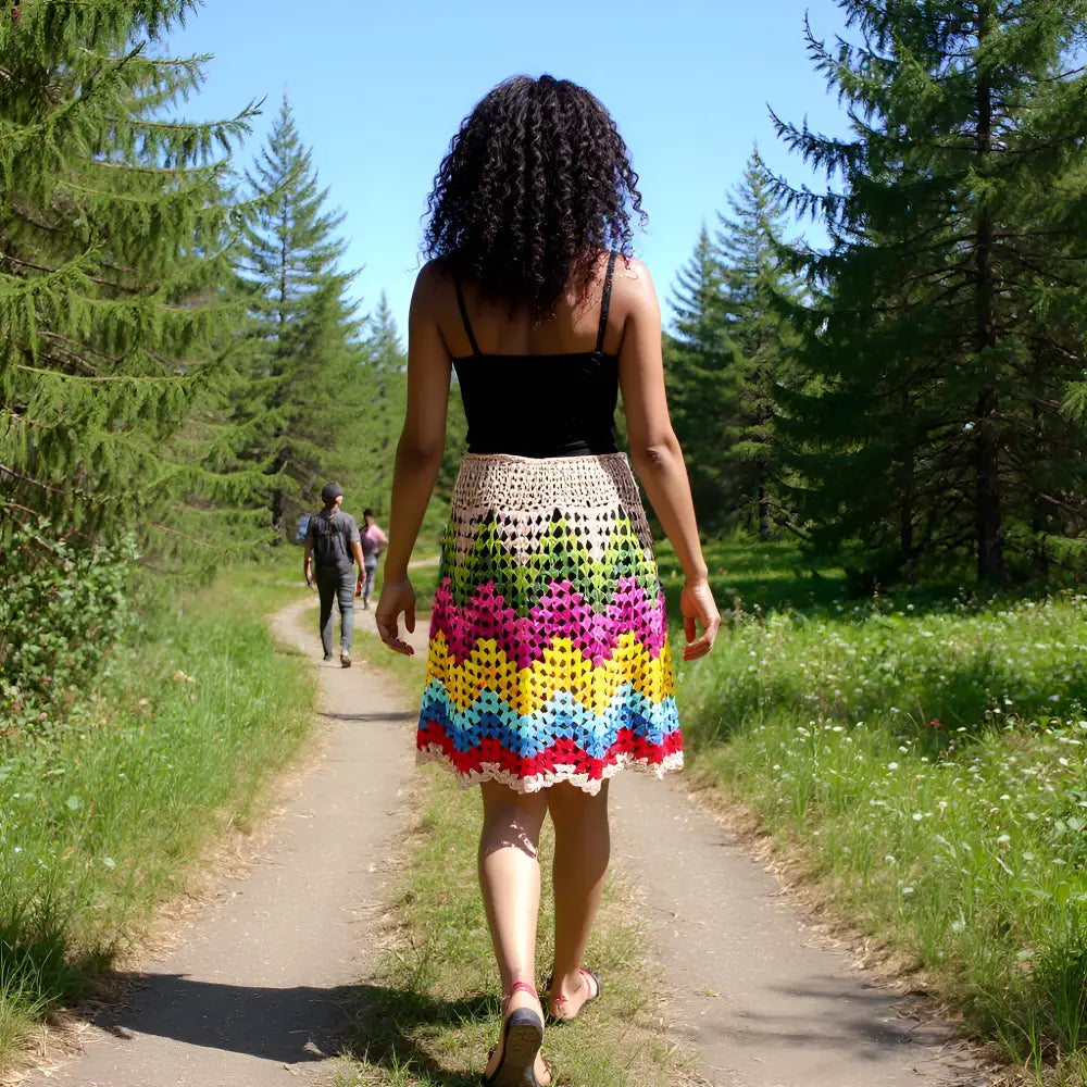 Vue arrière de la jupe au crochet Ondenova multicolore en promenade en forêt