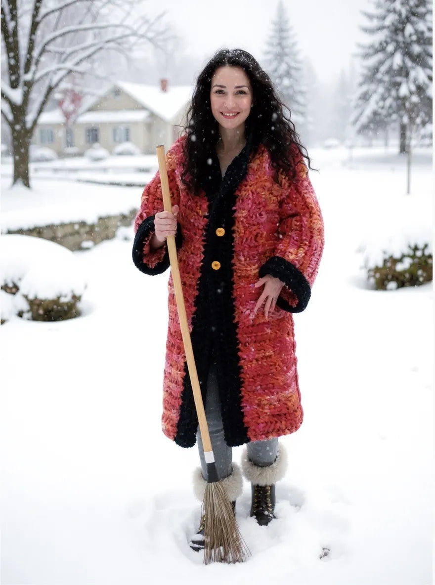 Manteau Kozakine au crochet laine et acrylique porté par une femme qui déneige