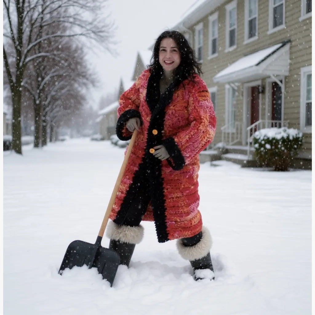 Femme portant le manteau au crochet Kozakine corail et noir sous la neige avec des bottes fourrées