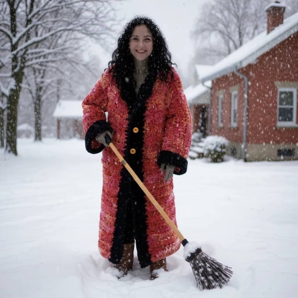 Femme portant le manteau au crochet Kozakine corail et noir en train de déneiger devant sa maison