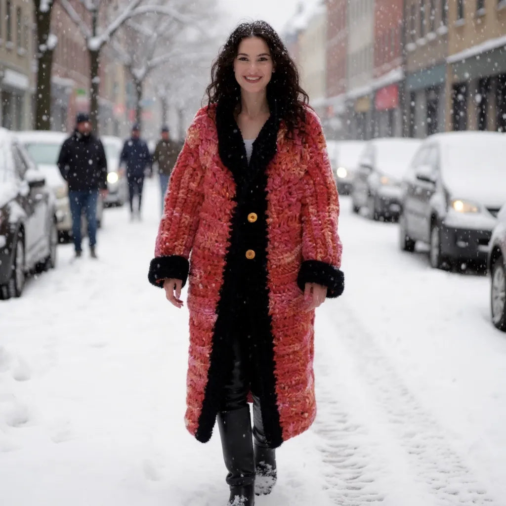 Femme portant le manteau au crochet Kozakine corail et noir sous la neige, vue de face avec boutons dorés
