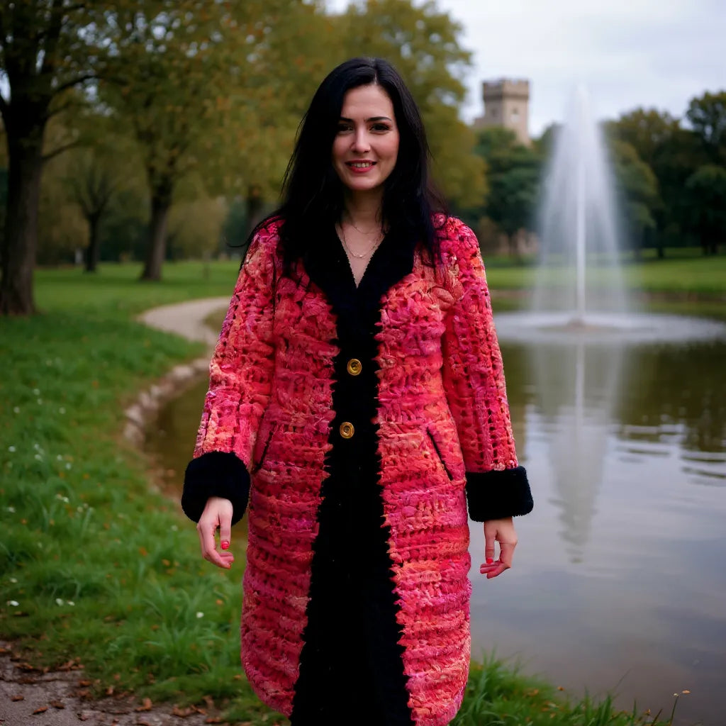 Femme portant le manteau au crochet Kozakine corail dans un parc automnal, vue de face avec étang en arrière-plan