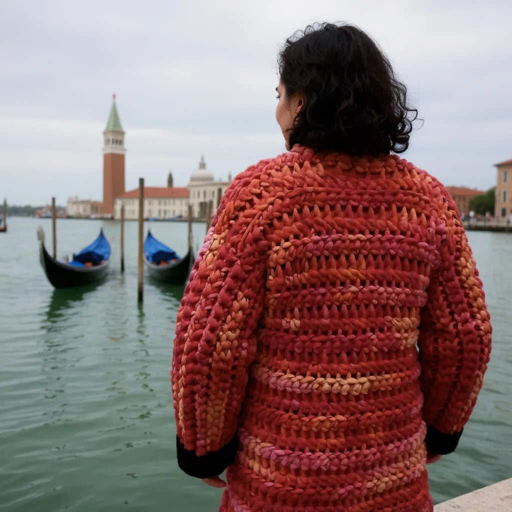 Manteau Kozakine au crochet fait main corail et noir à Venise, vue de dos avec gondoles et campanile