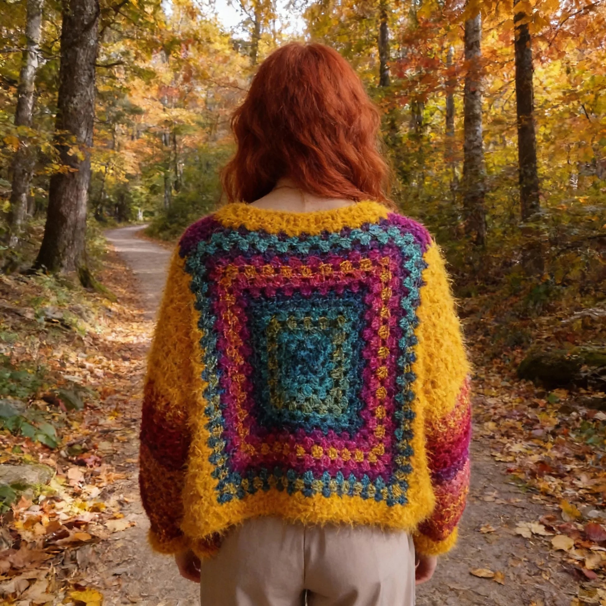 Poncho au crochet Aranciano de Cachalabibi - vue de dos en forêt d'automne avec sentier et feuilles mortes
