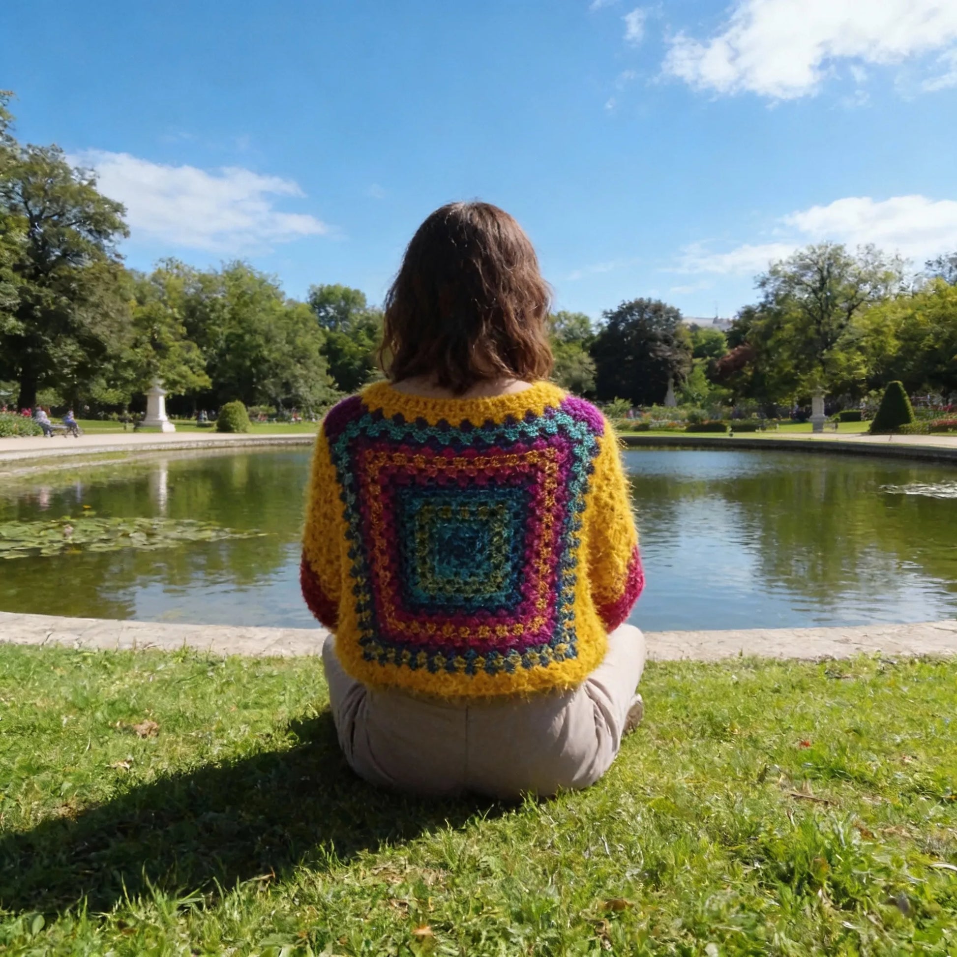 Poncho au crochet Aranciano de Cachalabibi - vue de dos d'une jeune femme assise sur l'herbe près d'un étang