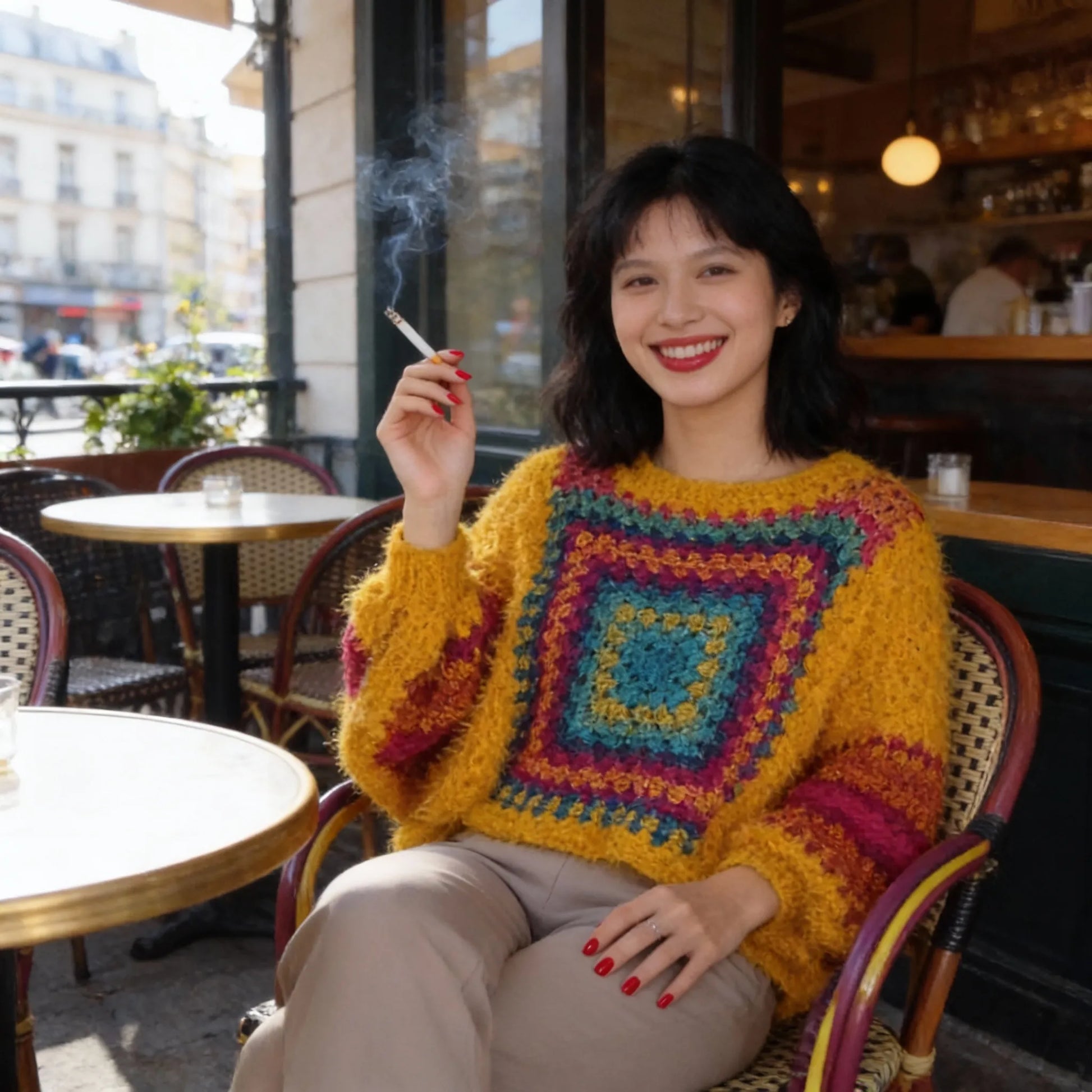 Poncho au crochet Aranciano de Cachalabibi - vue de face d'une jeune femme fumant à une terrasse de café
