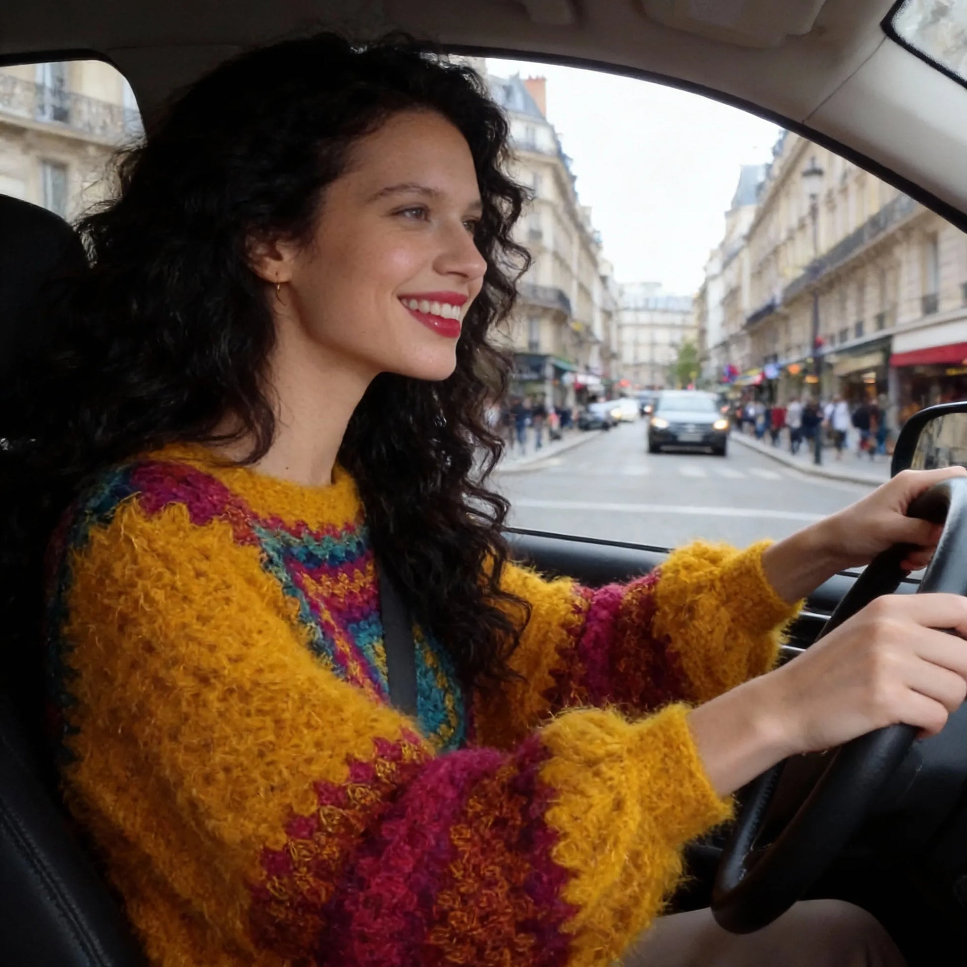 Poncho au crochet Aranciano de Cachalabibi - vue de côté en voiture dans une rue parisienne avec immeubles haussmanniens