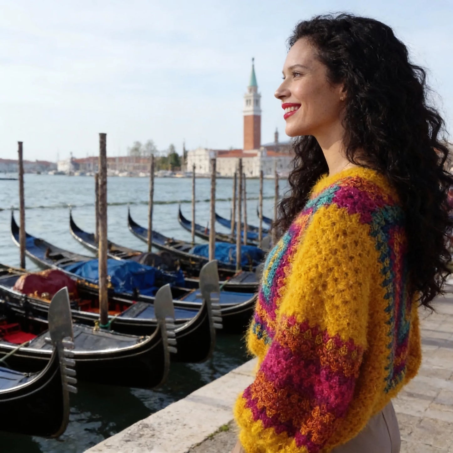 Poncho au crochet Aranciano de Cachalabibi - vue de profil avec gondoles et campanile de San Giorgio Maggiore