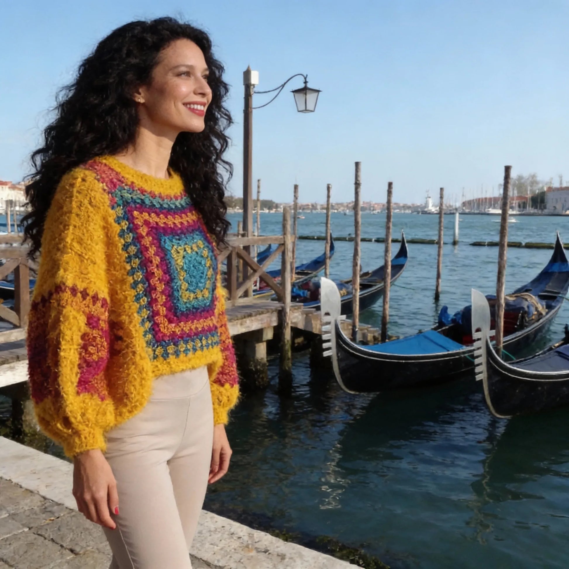 Poncho au crochet Aranciano de Cachalabibi - vue de profil d'une jeune femme brune sur un quai de Venise