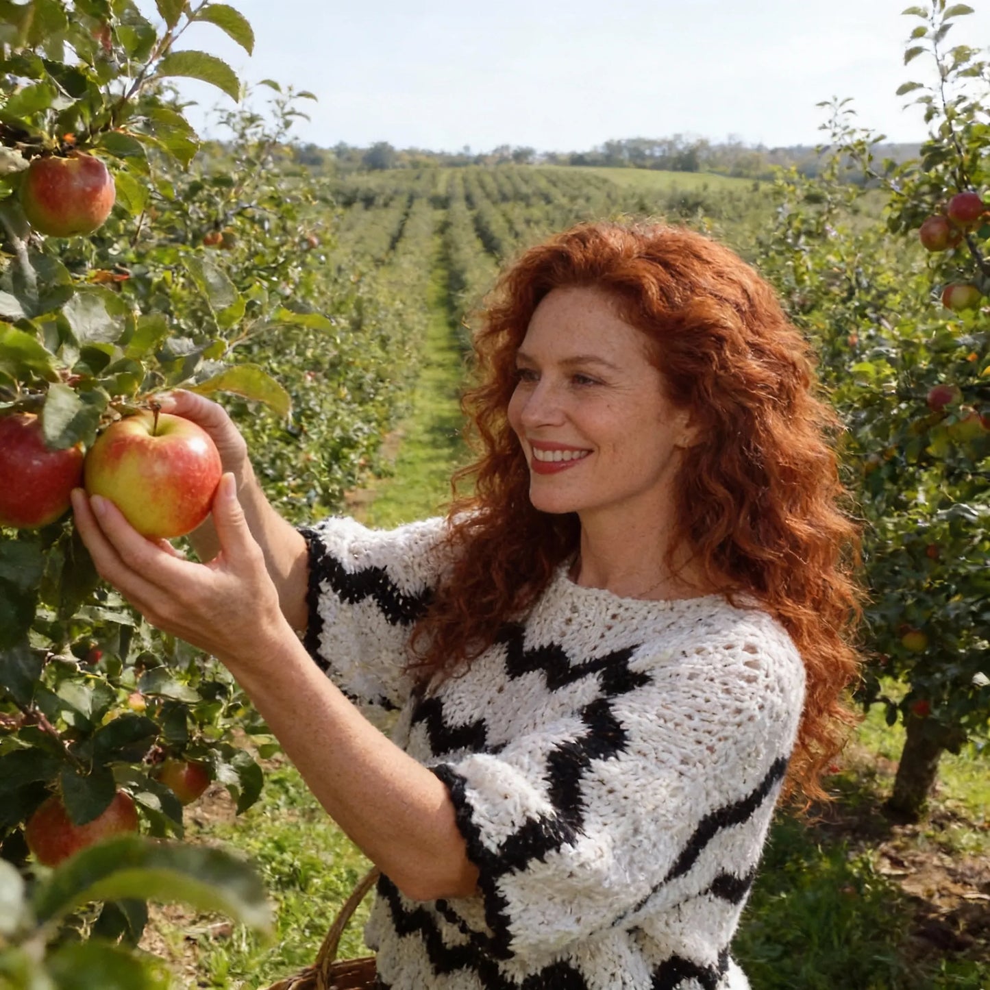Poncho au crochet Bianconero de Cachalabibi - vue de profil dans un verger de pommiers avec panier de pommes et rangées d'arbres