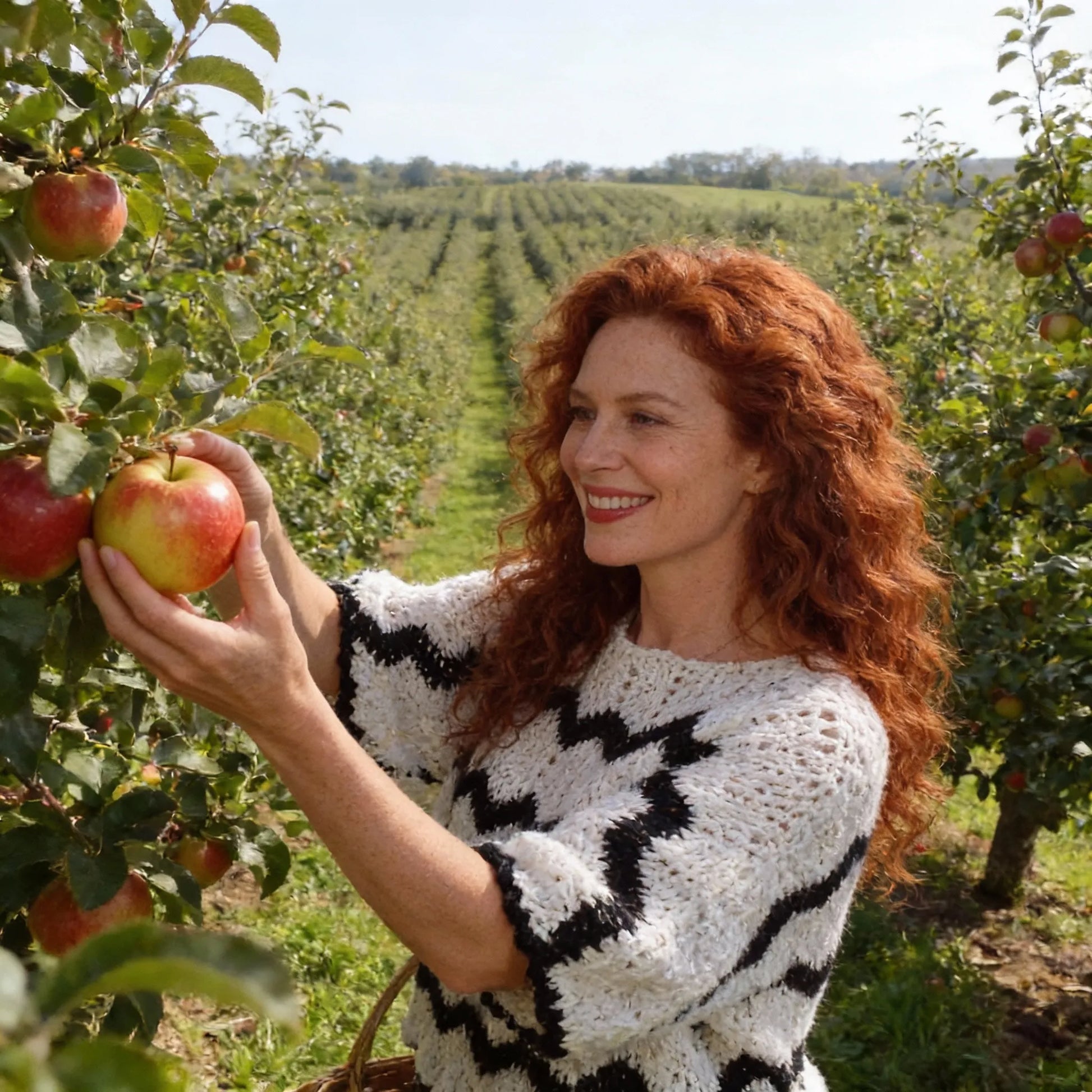 Poncho au crochet Bianconero de Cachalabibi - vue de profil dans un verger de pommiers avec panier de pommes et rangées d'arbres
