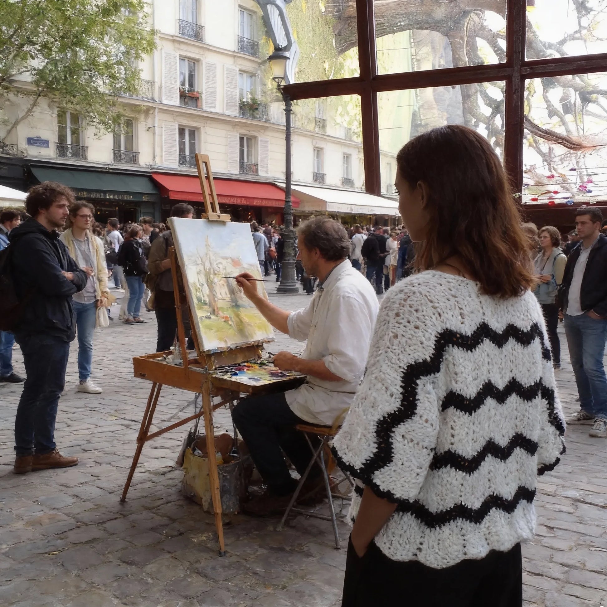Poncho au crochet Bianconero de Cachalabibi - vue de dos sur la place du Tertre à Montmartre à Paris avec artiste peintre et chevalet