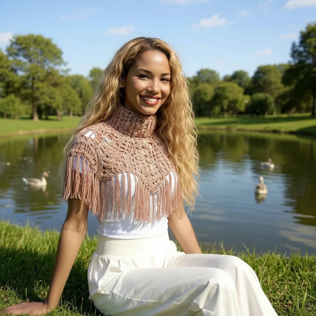 Poncho Boemia au crochet rose chiné porté assise au bord du lac avec cygnes