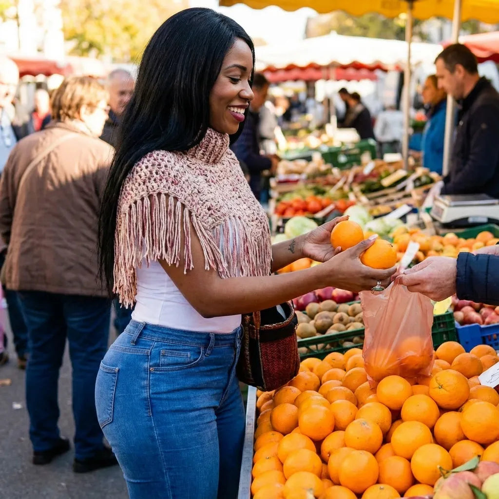 Poncho Boemia rose chiné en maille ajourée porté de face dans un marché aux fruits