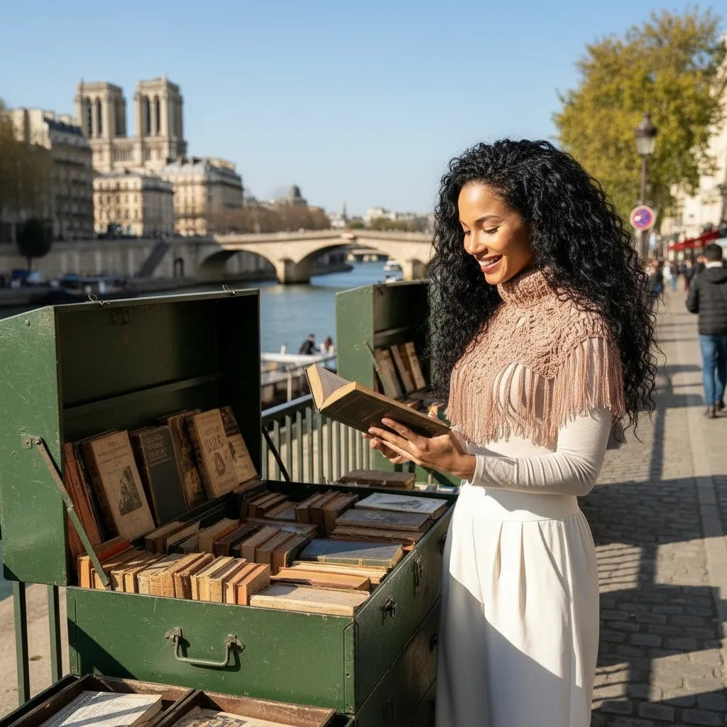 Poncho Boemia au crochet rose chiné porté par une jeune femme qui lit un livre sur le quai des bouquinistes