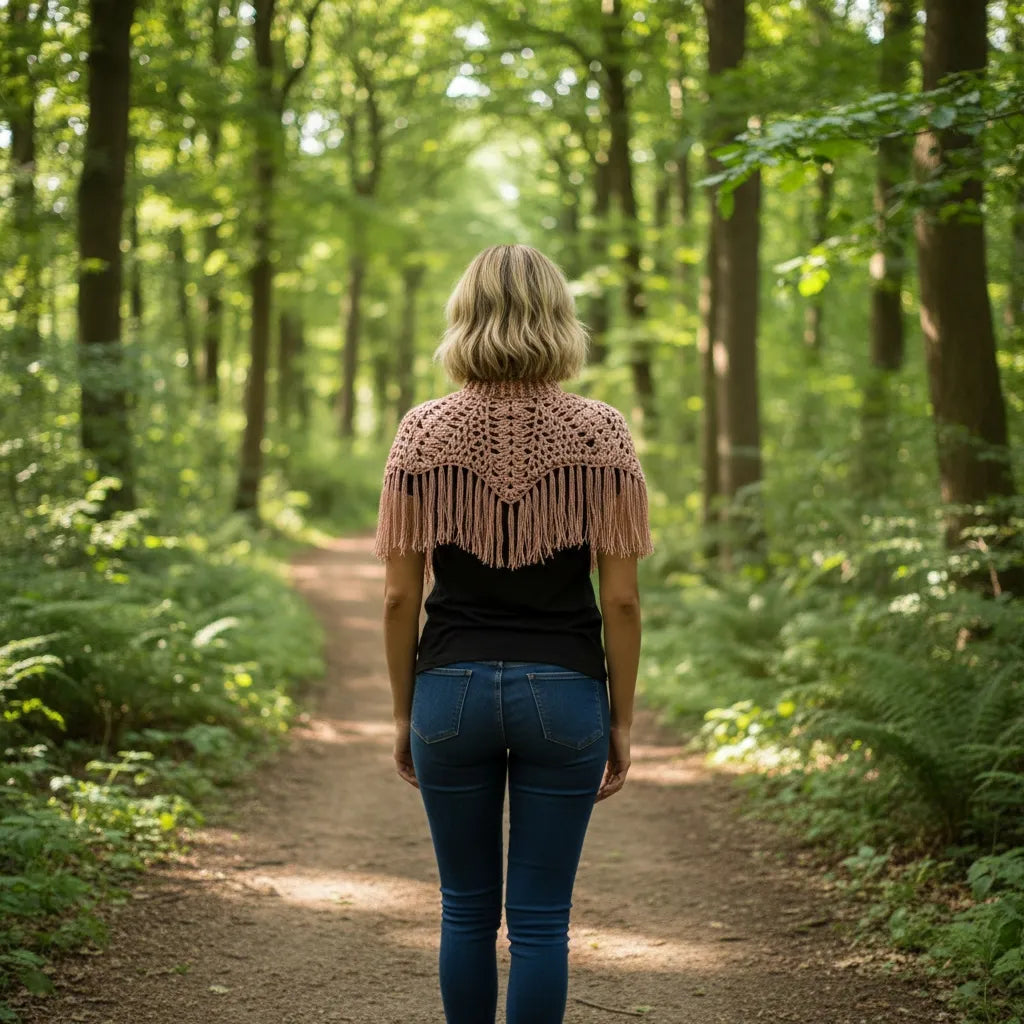 Poncho Boemia au crochet rose chiné - Vue de dos d'une femme blonde sur un chemin forestier