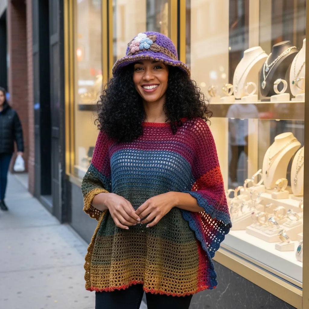 Poncho Makun arc-en-ciel multicolore avec dégradé - vue de face devant une bijouterie de luxe dans une rue commerçante