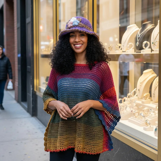 Poncho Makun arc-en-ciel multicolore avec dégradé - vue de face devant une bijouterie de luxe dans une rue commerçante