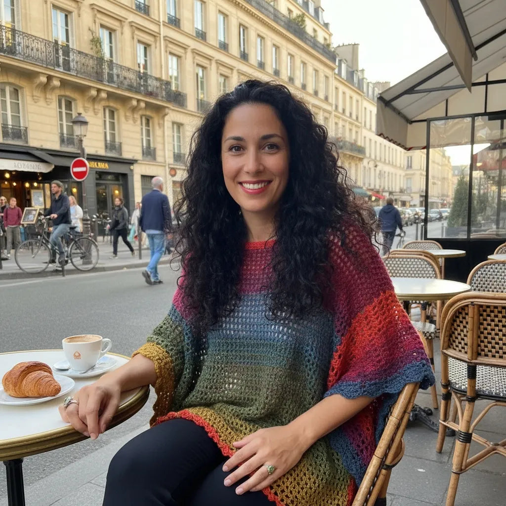 Poncho Makun - vue d'une jeune femme à la terrasse d'un café parisien qui prend son petit déjeuner